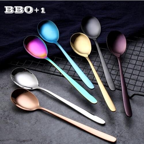 2pc 8.2"Colorful Spoon Long Handle Spoons Milk Coffee Spoon Teaspoon accessories Ice Scoop Black Ros Gold Mixing Colour Spoon