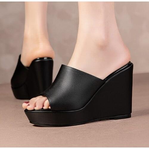 SKLFGXZY Brand Summer Women Fish Mouth Slippers High-heeled Shoes Genuine Leather Cowhide Sandals Platform Slippers