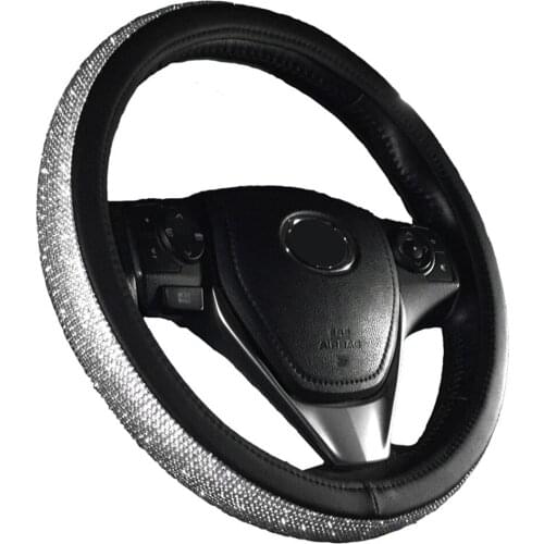 Hot Sale Fashion Unisex PU Leather Steering Wheel Cover Crystal Rhinestone Luxurious Steering Wheels Black 38cm For Girl Women