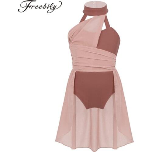 Girls Ballet Dress Kids Ruched Chiffon Bodice Caged Back Dance Leotard Dress Lyrical Dance Costume Child Contemporary Dancewear