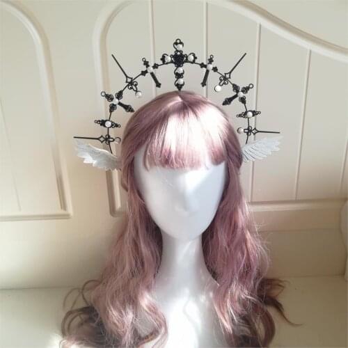 Hand-made lolita Madonna halo headdress dark black wings pearl cross photo