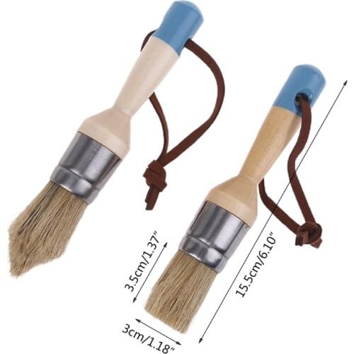 K1KA 2 Pcs Round and Pointed Chalk Paint Wax Brush Ergonomic Wood Handle Natural Bristle Brushes Furniture DIY Painting Waxing