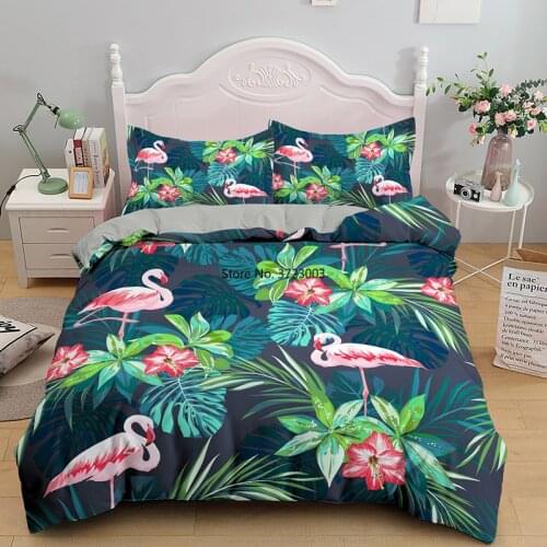 3DD Cartoon Pink Flamingo Bedding Set Stylish Green Print 2/3 Piece Child Comfortable Bedcover Pillowcase