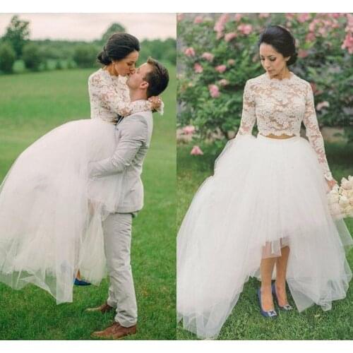 2021 High Low Lace Wedding Dresses Scoop Neck Jewel Long Sleeves Bridal Gowns Tulle Layers Illusion Two Pieces Wedding Guest