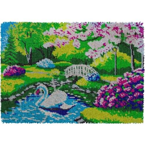 Latch Hook Rug Kits DIY Needlework Unfinished Crocheting Rug Yarn Cushion Mat Swan Lovers Embroidery Carpet Rug Home Decor
