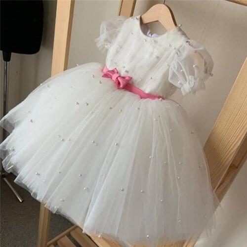 Sweet Princess Baby Girls Birthday Dress Pearls Skirt Flower Girl Dress Christmas Gown Baptism Dress