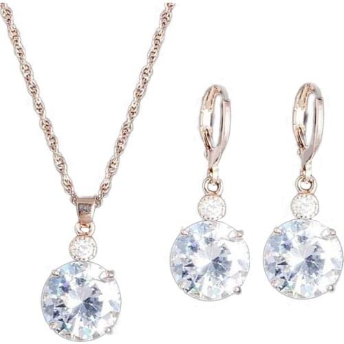 Fashion Sliver Gold Jewelry Set Round Rhinestone Crystal Pendant Necklace Women Bridal Leaverback Earrings Set Valentines Day
