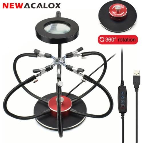 NEWACALOX Multi Soldering Helping Hands USB LED Light Magnifying Glass 6pcs Flexible Arms Soldering Station Repair Welding Tool