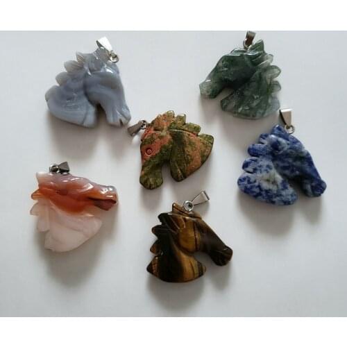 Wholesale 6pcs/lot Hot sale mixed carved natural stone horse heads charms pendants for necklace jewelry making crystal pendant