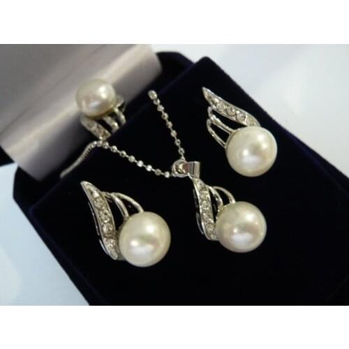 Wholesale ladys elegant silver plated white shell pearl beautiful design earrings pendant necklace ring(7.8.9) jewelry set