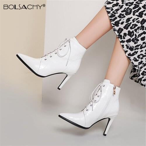Sexy Women Ankle Boots Thin High Heel Winter Shoes Woman Fashion Zipper Warm Short Boot Office Footwear Size 32-43 White Black
