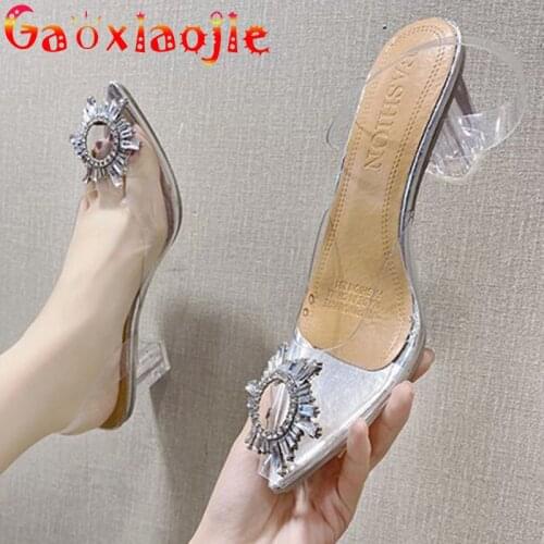 Gaoxiaojie Sexy Whole Transparent Women Slip-On Sandals Shining Diamond PVC Crystal Shoes 7CM Closed Pointed Toe Thick Heels
