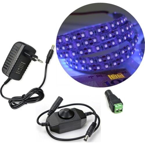 Ultraviolet Black light SMD 3528 120leds/m UV Led Strip light LED Ribbon Purple Flexible Lamp + Dimmer Switch+ 12V Power Adapter
