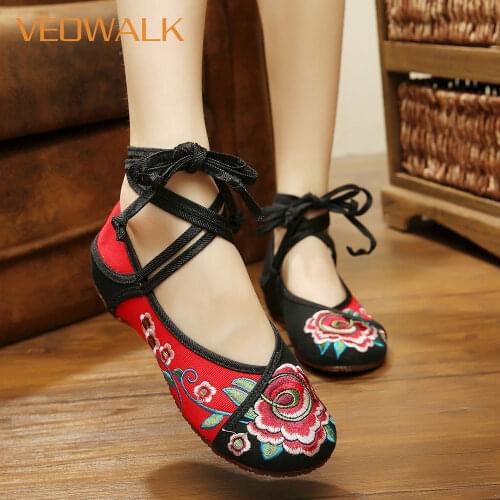 Veowalk Ankle Strap Women Comfortable Cotton Fabric Ballet Flats Retro Vegan Chinese Embroidery Ladies Casual Ballerinas Shoes
