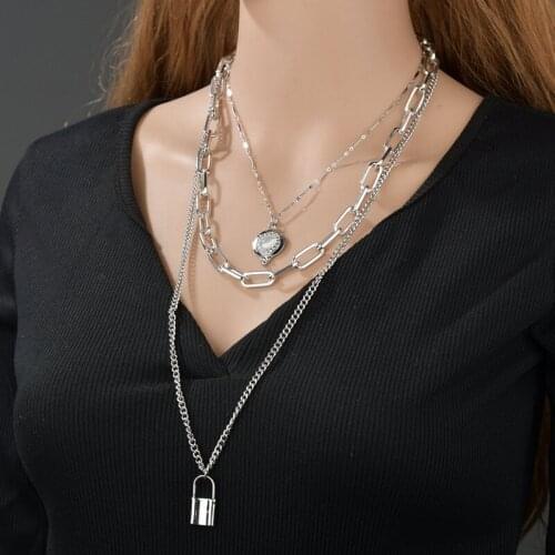 Vintage Layered Lock Pendant Necklaces for Women Punk Multilayer Geometric Choker Collar Necklaces Charm Female Jewelry