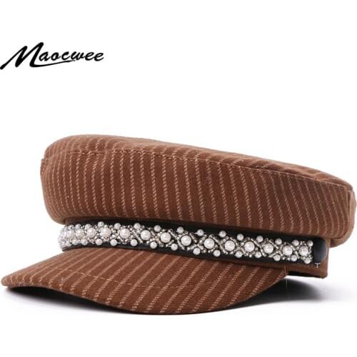 Military Cap Army Hat with Diamond Pearl Spring Sailor Newsboy Hats Women Plain Fitted Navy Beret Hat Solid Visor Bone Fashion