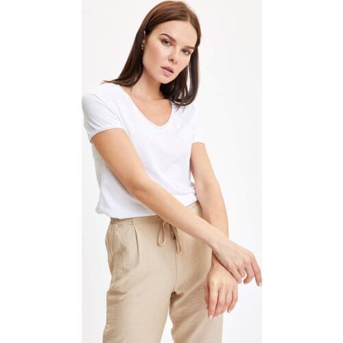 DeFacto Spring Woman Tops & Tees V Neck Short Sleeve T-Shirt Streetwear Female Fashion-K1507AZ20SP