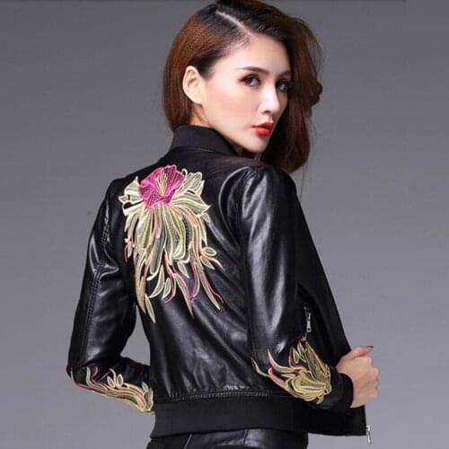Pop New Spring Autumn Embroidery Fit Short Sheepskin Leather Jackets Coat Fashion Genuine Leather Jacket Women A044