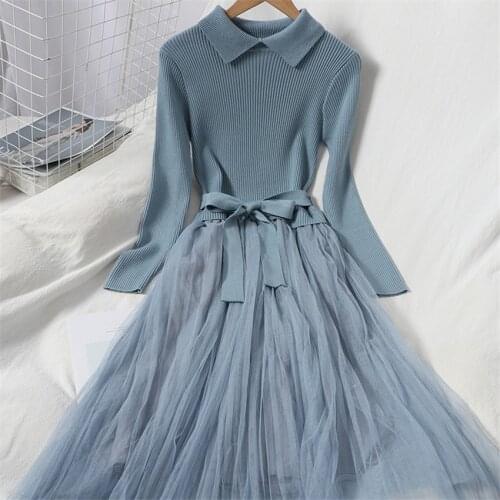 20 New Autumn Women Long Sleeve Knitted Patchwork Mesh Dress Elegant Lady Long Sashes Peated Dressess Vestidos Bottomings WZ1285