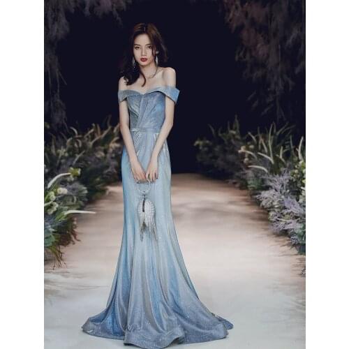 Blue Starry Off the Shouler Mermaid Evening Dress Female Elegant Banquet Host Fairy Fantasy Forest Fishtail Prom Dress A143