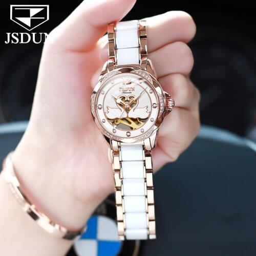 JSDUN Womens High-End Automatic watch Luxury Brand Fashion New Ceramic Diamond Waterproof Hollow Out Ladys Watch