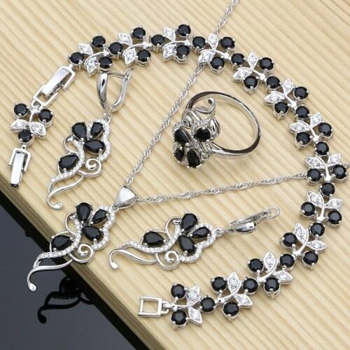 Black Stones 925 Sterling Silver Costume Jewelry Sets for Bridal Women Line Design Earrings Fashion Necklace Sets Dropshipping