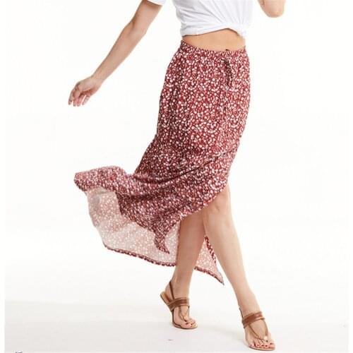 Floral Print Long Skirts Women High Waist Midi Skirts for Women Summer Sexy High Low Hem A-line Skirts Beach Skirt Ladies Skirts