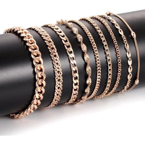 FJ Men Women 585 Rose Gold Color Wave Curb Smart Bracelet Link Bead Chain Jewelry