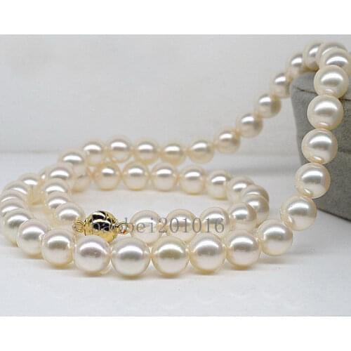 AAAA+ 18"9-10mm Natural south sea perfect round WHITE pearl necklace 14K GOLD