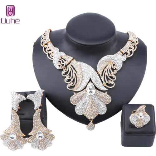 Exquisite Dubai Gold Wedding Bridal Bridesmaid Full Rhinestone Statement Necklace Earrings Bangle Ring Party Costume Jewelry Set