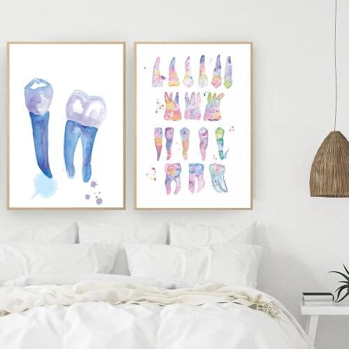 Canvas Painting Dental Tooth Watercolor Wall Art Posters Dental Hygienist Print Teeth Gifts Pictures Clinic Room Home Decor