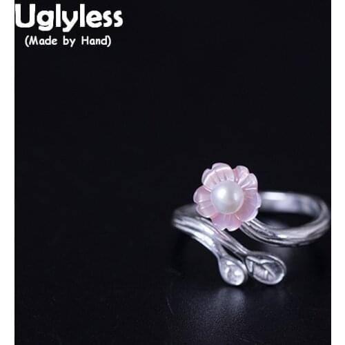 Uglyless 100% Real 925 Sterling Silver Leaves Finger Rings for Women Natural Pearl Flower Open Rings Pink Shell Floral Jewelry