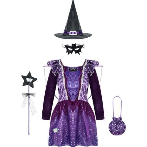 5Pcs Kids Girls Halloween Witch Cosplay Costume Stars Print Detachable Wings Dress with Pointed Hat Mask Bag and Fairy Wand Set