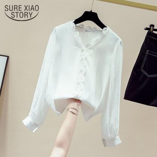 Lace Blouse White Shirt Early Autumn V-neck Chiffon Shirt Hollow Out Solid Korean Style Pullover Chic Office Lady Clothes 11161