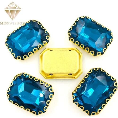 8X10/10X14/13x18mm sew on rhinestones Peacock blue Rectangle gold base lacy shape claw glass crystal rhinestones Diy accessories