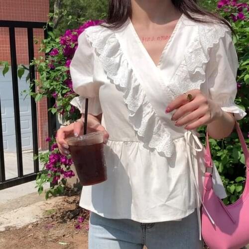 Summer new French loose lotus leaf tie V-neck short-sleeved shirt female design niche blouse