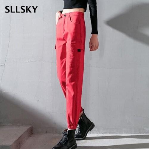 SLLSKY Fashion Solid Women Cargo Pants Autumn New High Waist Ankle-Length Pants Zipper Pocket Sport Ladies Tie Feet Trousers