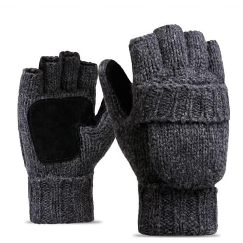 Mens Thinsulate Thick Wool Knitted Half Mitten Suede Palm Gloves Warm Outdoor Riding Gloves