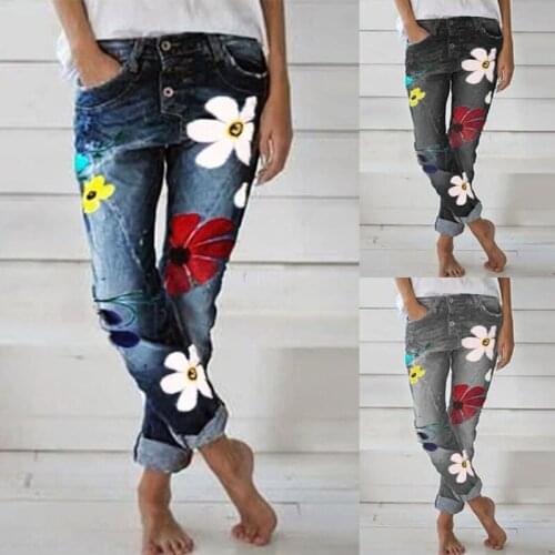 2021 new pocket pants ladies print jeans trousers fashion tattered pants autumn slim fit pantalones de mujer cintura alta