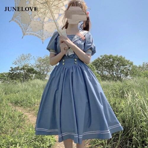 Harajuku Sailor Collar Navy Dress Japanese Lolita Sweet Bow-knot Girl Retro Cotton Kawaii Preppy Style Short Sleeve Dress Women