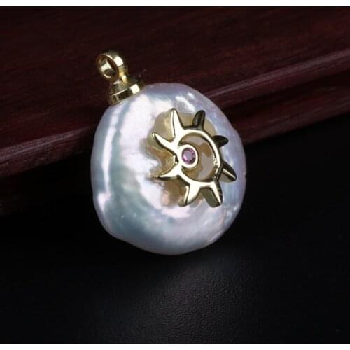 Gold maroon red cz sun star charms flat natural freshwater pearl bead pendant charm for diy jewelry making for choker