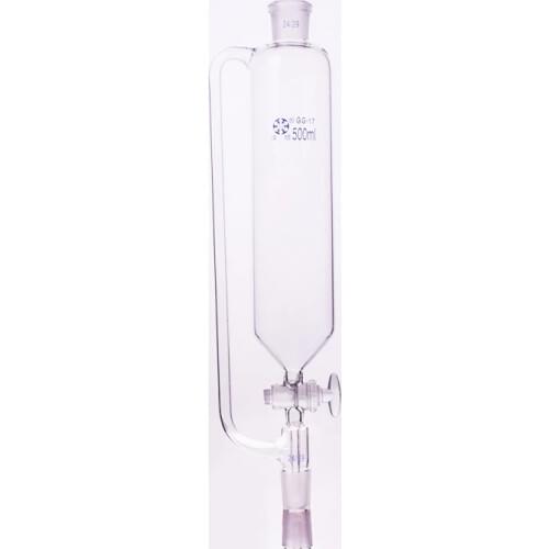Separatory funnel constant pressure cylindrical shape,standard ground mouth.Capacity 500ml,Joint 24/29+24/29,Glass switch valve
