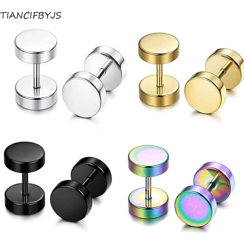 TIANCIFBYJS 6MM-12MM Black Screw Stud Men Earrings for Women Steel Cheater Fake Ear Plugs Gauges Illusion Tunnel Body Piercing