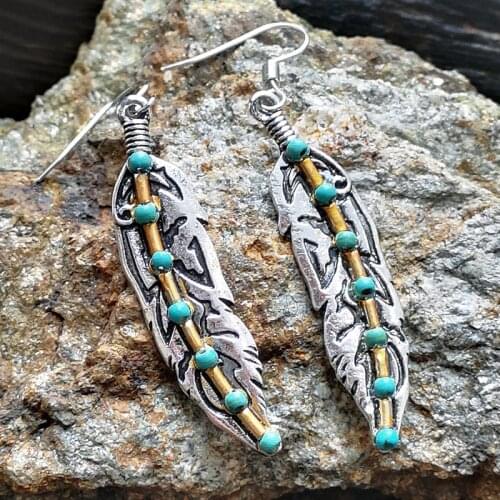 Retro Metal Leaf Feather Drop Earrings for Women Tribal Jewelry Two Tone Metal Tiny Turquoises Beads Stone Earring