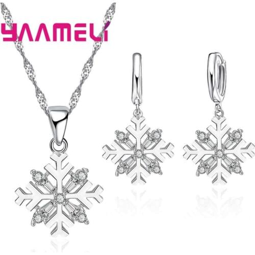 Wedding Clear Austrian Crystal Rhinestone SnowFlower Necklace Earrings Set 925 Sterling Silver Jewelry Set