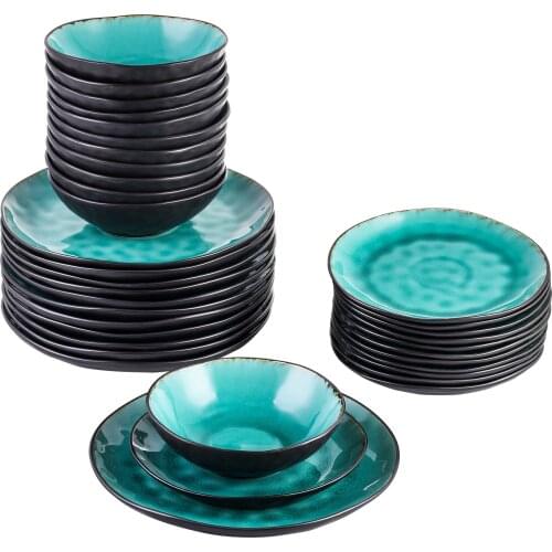 VANCASSO Aqua 36-Piece Pottery Stoneware Vintage Look Ceramic Green Dinnerware Set with 12*Dinner Plate,Dessert Plate,Bowl Set
