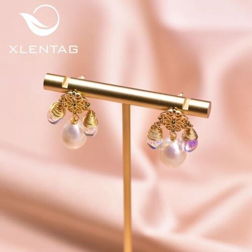 XlentAg Water Drop Crystal Natural White Pearl Earrings Metal Flower Women Engagement Party Gifts Statement Boho Jewlery GE0928A