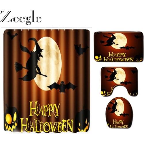 Zeegle Halloween Shower Curtain Bathroom Carpet Set Washable Bathroom Toilet Pedestal Rug Absorbent Microfiber Bath Foot Mat