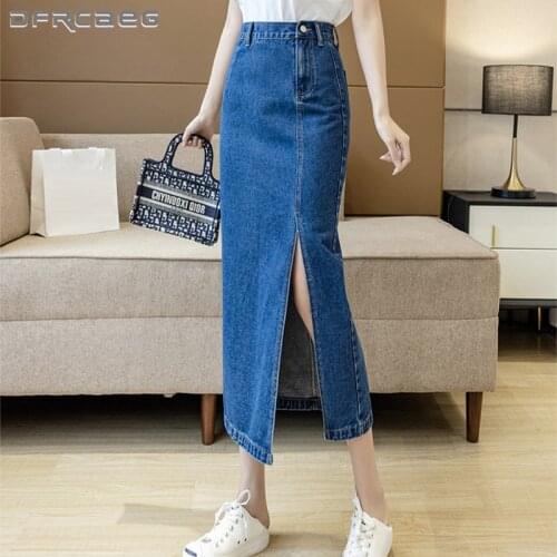 Streetwear Elegant High Waist Slim Womens A-Line Denim Skirts Summer 2021 Casual BF Sexy Open Split Long Skirt Jeans Saias
