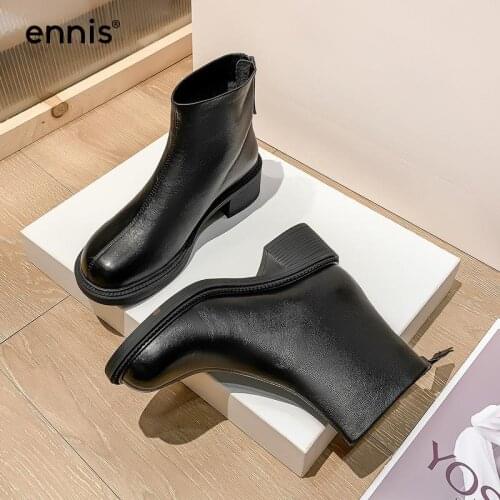 ENNIS Retro Winter Ankle Boots For Women Genuine Leather Shoes Sheepskin Boots Zipper Shoes Med Heel Square Short Boots 2021